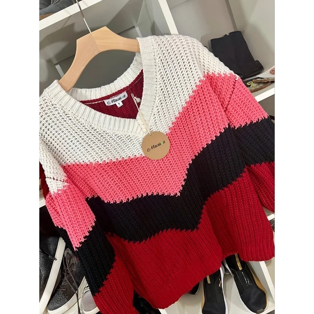New! V Neck Pink Multi Puff Sleeve Oversized Chevron Sweater! - Picture 3 of 10